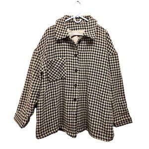 Houndstooth Button-Up Long Sleeve Coat Jacket 2XL Black & Beige